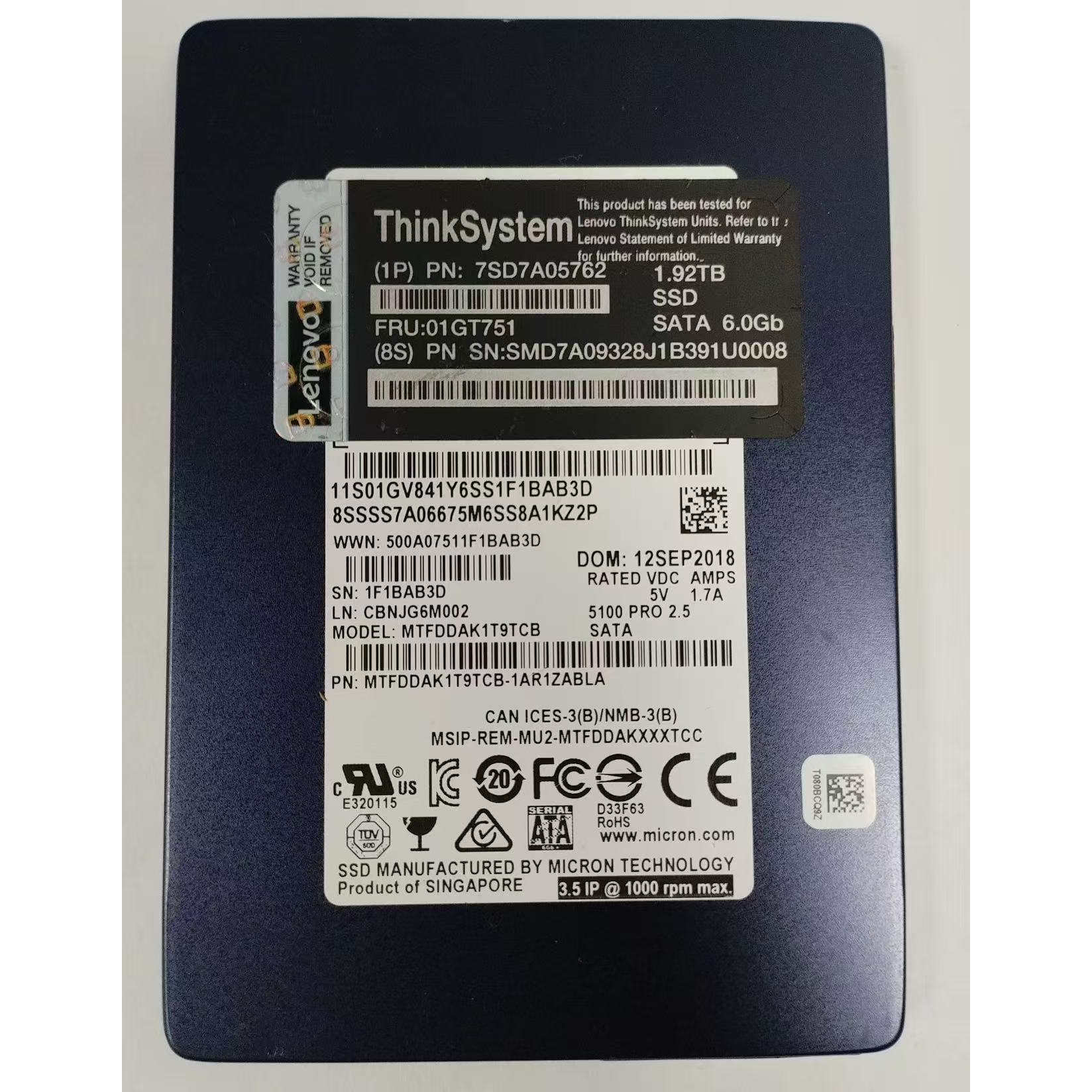 联想7SD7A05762 01GT751 1.92T 2.5 SATA SSD SR860/650固态硬盘