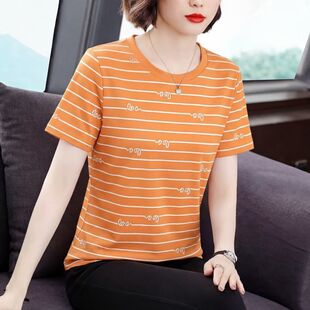 妈妈装条纹休闲上衣中年宽松大码常规圆领短袖T恤女夏季时尚洋气