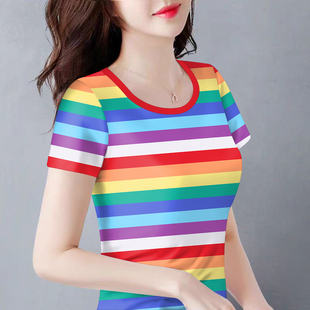 短袖 夏季 妈妈洋气打底韩版 女装 宽松减龄t恤女上衣服 条纹圆领大码