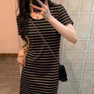 夏装直筒短袖薄款宽松遮肚连衣裙女条纹圆领显瘦中长款中年妈妈装