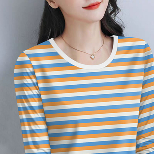 时尚百搭圆领长袖拼接妈妈装宽松遮肚子条纹薄款横条纹长袖衫女装