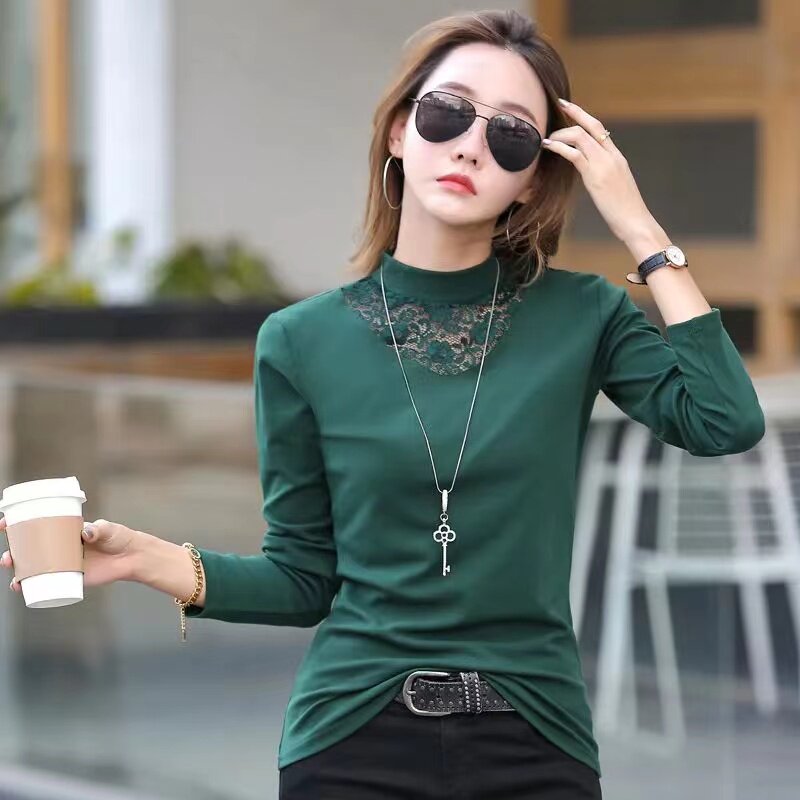 秋冬季新款蕾丝德绒长袖t恤女时尚洋气保暖修身大码打底衫上衣女