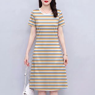 圆领条纹洋气休闲显瘦女装连衣裙新款夏季中年妈妈宽松减龄短袖裙