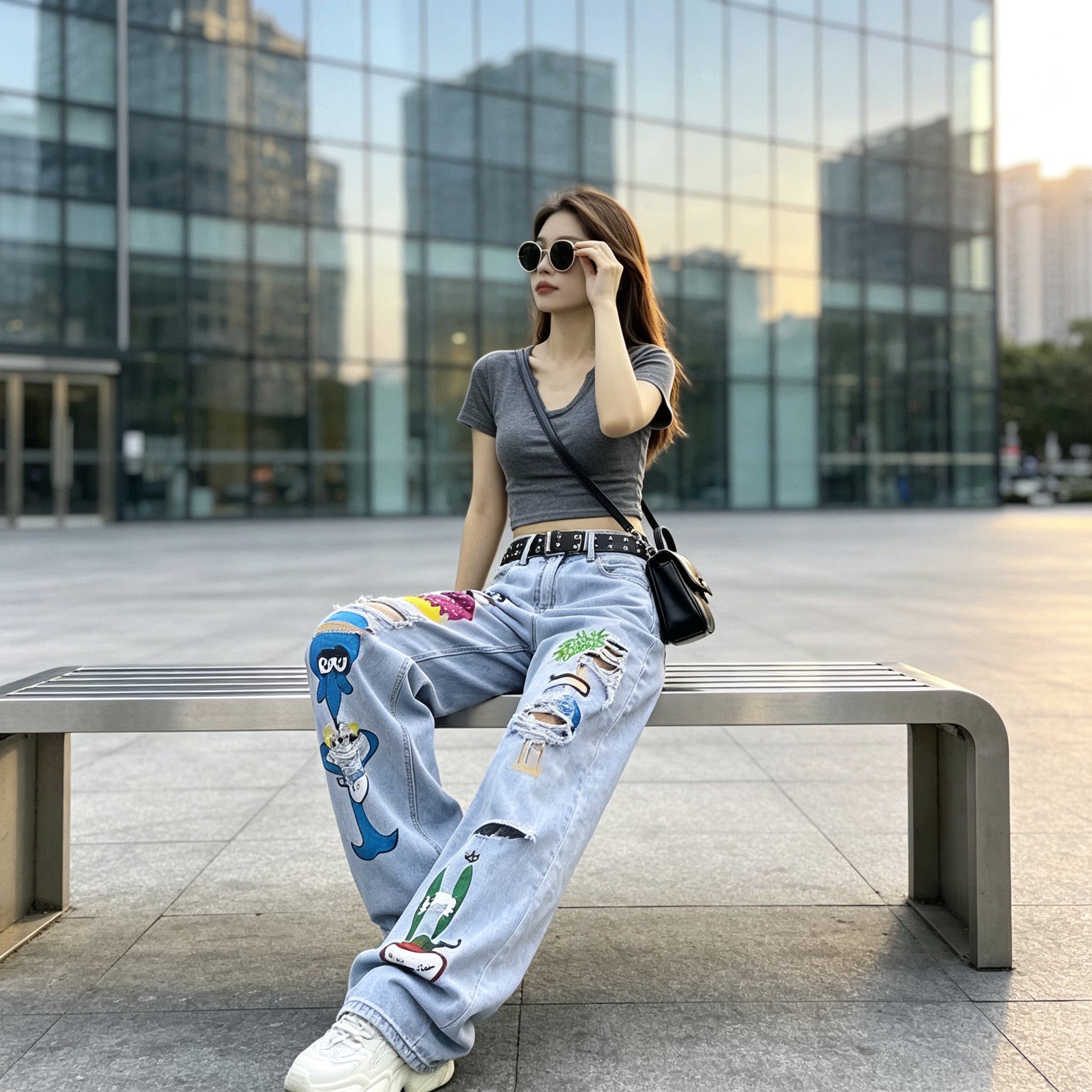 大码美式高街辣妹水洗新款高腰洋气阔腿裤女款爆款复古破洞牛仔裤