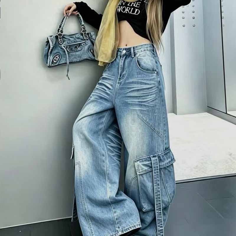 大码美式高街辣妹水洗百搭多阔腿牛仔裤女高腰拼接大口袋拖地长裤