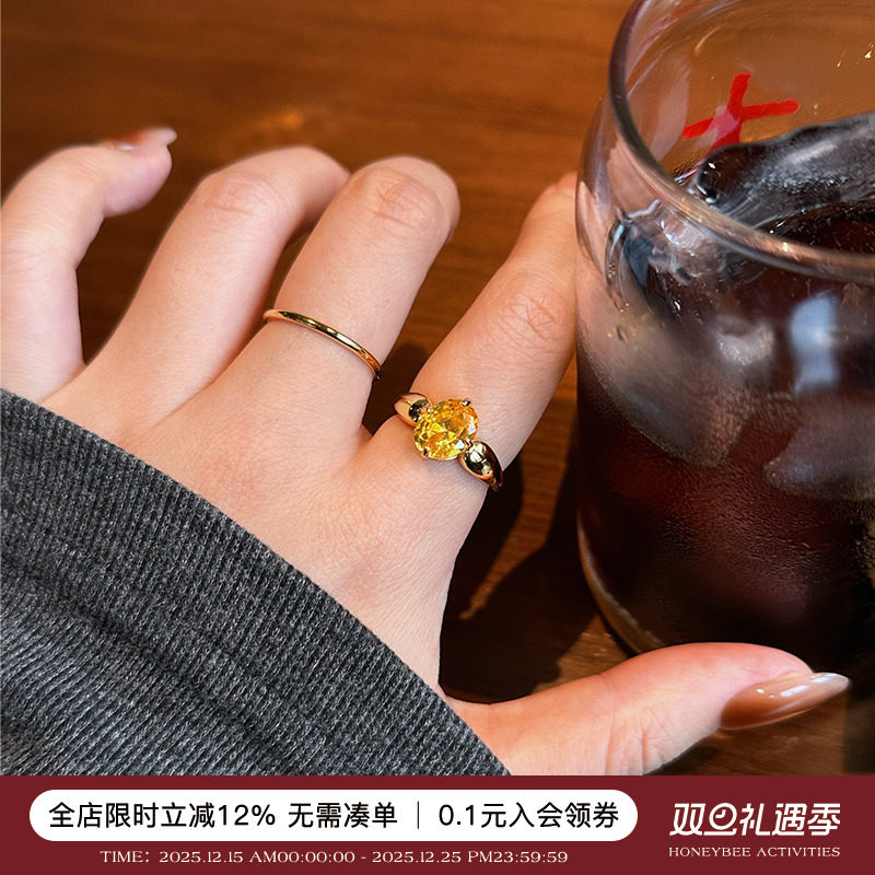 招米黄钻鸽子蛋纯银戒指女