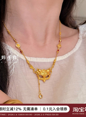 古法金狐狸面具项链女秋冬毛衣链