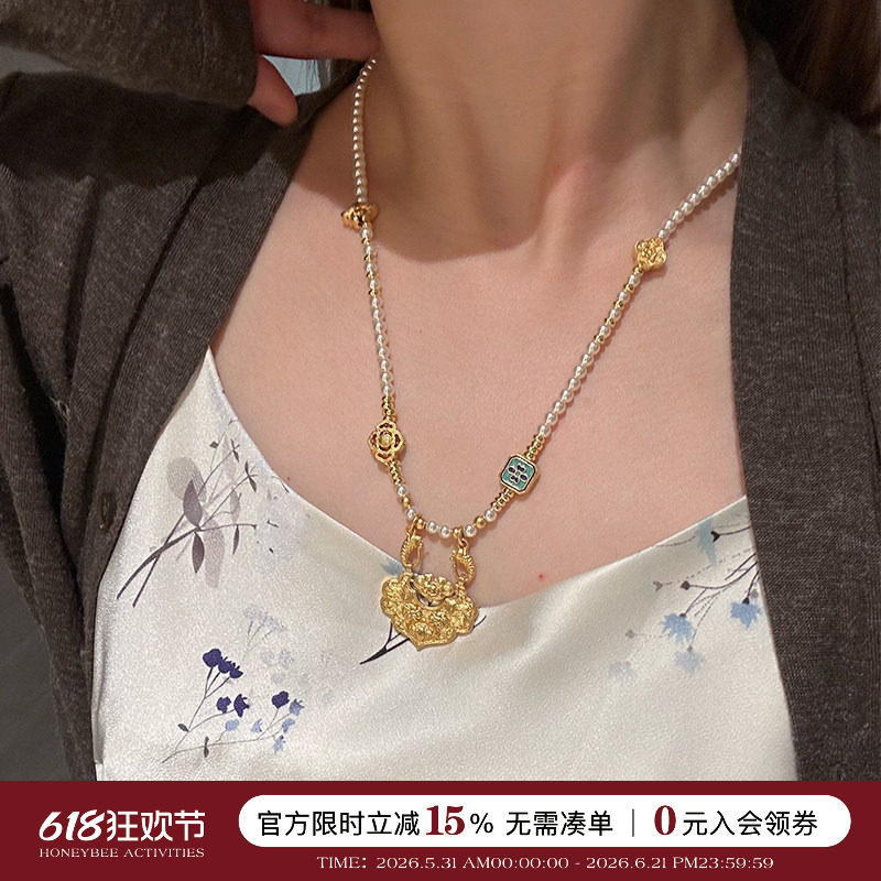 蜜蜂妈手作 原创新中式古法锦鲤平安如意锁吊坠珍珠项链女毛衣链
