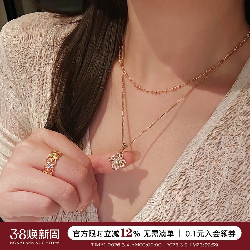 蜜蜂妈 古法十字金刚杵四叶花吊坠项链女复古设计感锁骨链礼物