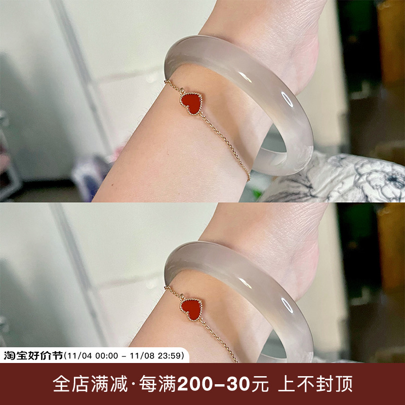 蜜蜂妈天然高冰白月光荔枝冻玛瑙手镯女圆条玉镯玉髓镯子正品礼物