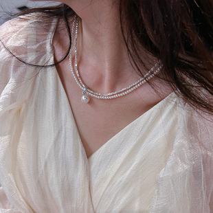 蜜蜂妈手作 双层碎银珍珠项链女小众复古轻奢高级感锁骨链毛衣链