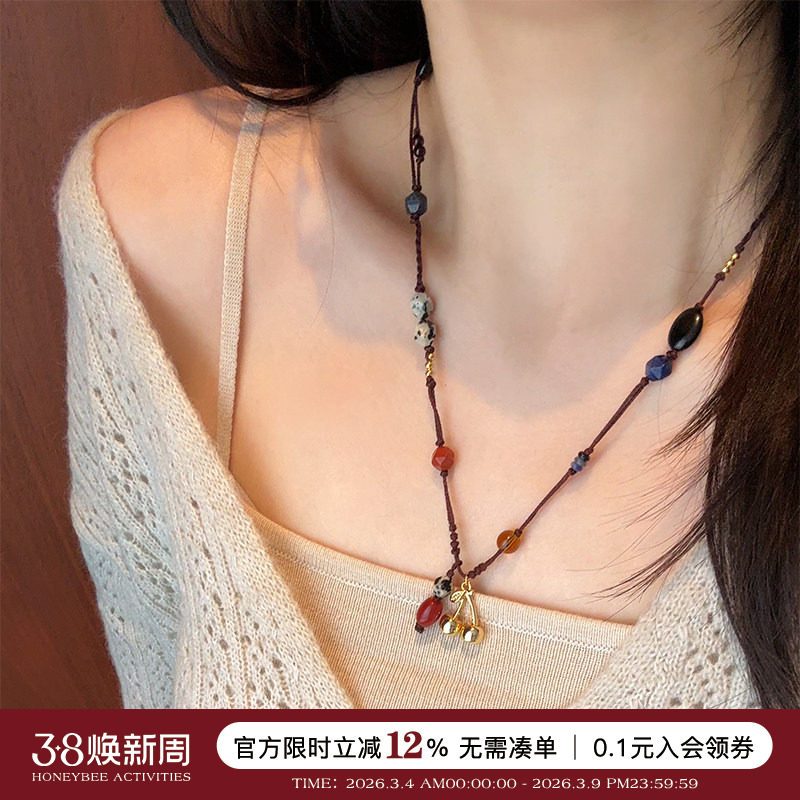 蜜蜂妈手作 莫瑞风手工编绳天然石串珠项链小众设计款长款毛衣链