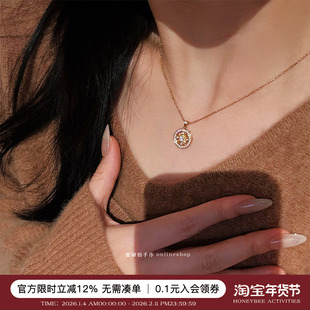 蜜蜂妈手作 满钻镂空太阳花图腾小罗盘项链女金色精致小巧毛衣链