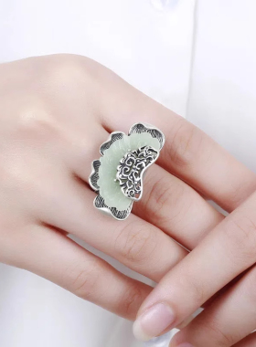 纯银民族风复古做旧和田玉蝴蝶戒指女厚实质感夸张中式开口指环