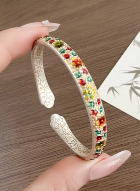 足银手镯猫爪描金珐琅彩百花齐放新中式开口实心国潮纯银手镯