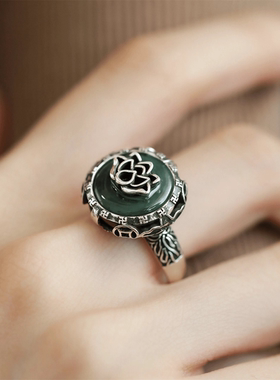 莲花净戒指纯银女指环食指复古风轻奢小众个性百搭开口可调节