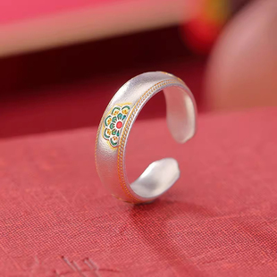 9999纯银珐琅宝相花戒指描金女士款 宫廷国风指环开口 足银新中式