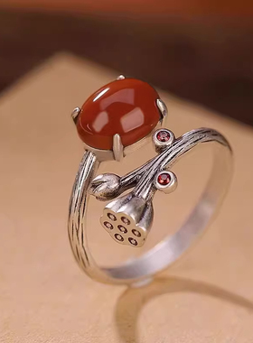 南红玛瑙莲蓬S925纯银戒指女