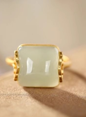 民族祥云和田玉女士气质简约复古优雅开口玉石戒指指环戒