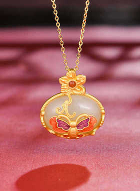 纯银镶和田玉吊坠女复古宫廷设计蝶恋花国潮小众气质项链