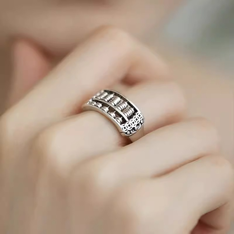 纯银复古新中式可拨动算盘铜钱戒指环招财转运开口调节女高级感