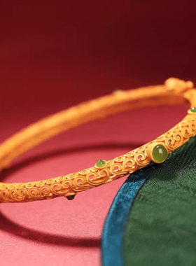 花丝如意纯银古法金和田玉碧玉金镶玉手镯女新中式国风金包银手链