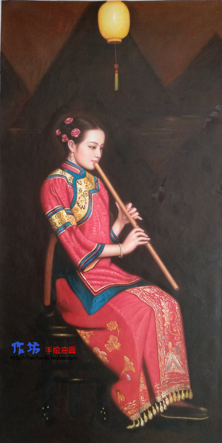 古典仕女手绘油画江南古装服饰吹笛肖像画逸飞玄关简约装饰竖挂画