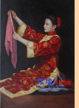 刺绣新娘临摹美女手绘油画