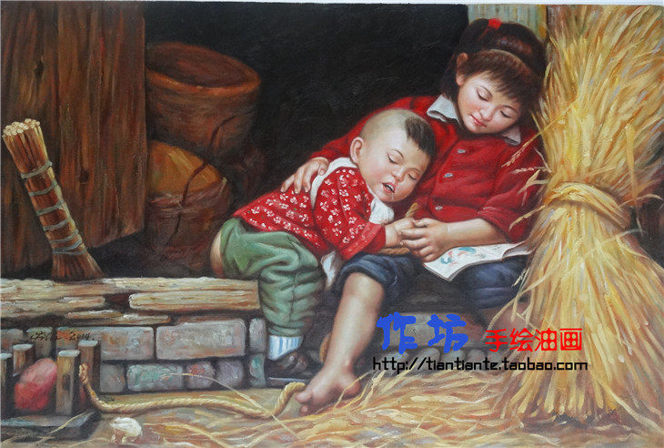 手绘油画风情姐弟相爱依偎农村李自健怀旧订制艺术家居装饰玄关画