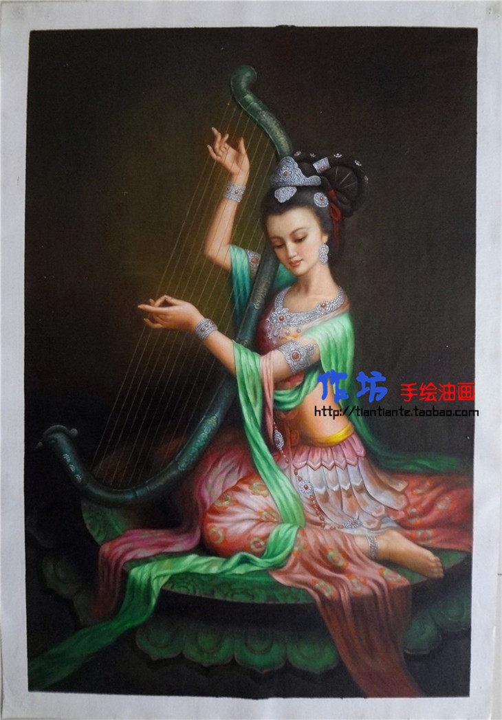 手绘油画箜篌美女曾浩飞天美仙女复古仕女客厅琴音沙发茶馆装饰画