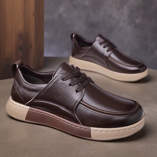 头层牛皮男鞋鞋底上线男士商务休闲鞋系带款百塔耐磨豆豆2025