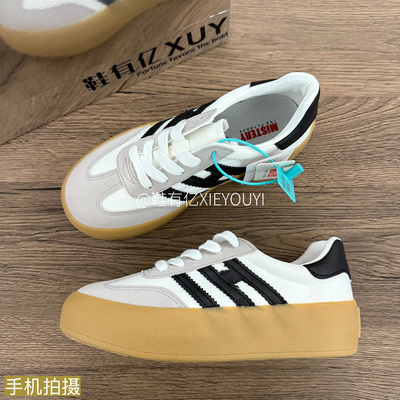 鞋有亿 2025秋冬新款白黑色阿甘德训鞋女款厚底三条杠鞋休闲板鞋