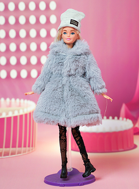 灰色毛绒大衣外套帽子打底袜套装适合11寸Barb 30cm女洋娃娃换装