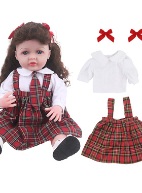 圣诞节红色格子连衣裙套装适合22英寸55cm娃娃