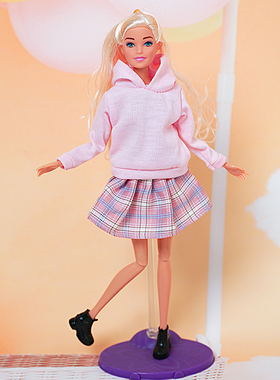 粉色连帽卫衣格子裙子短裙套装适合11寸Barb 30cm女孩娃娃玩具
