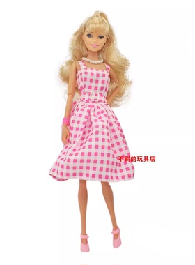 粉色格子吊带连衣裙帽子鞋子套装适合11寸女孩娃娃30cm Barb衣服