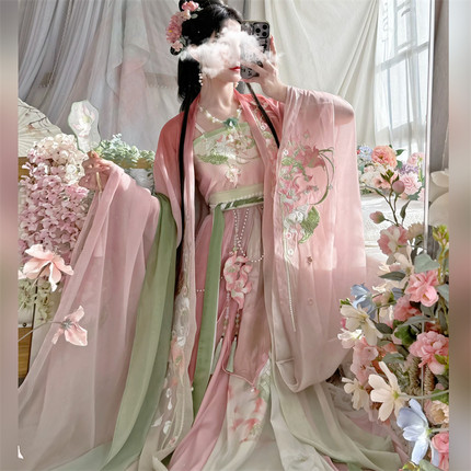 墨晨烟雨【藕莲】原创汉服诃子裙粉色仙气重工刺绣大袖衫五件套