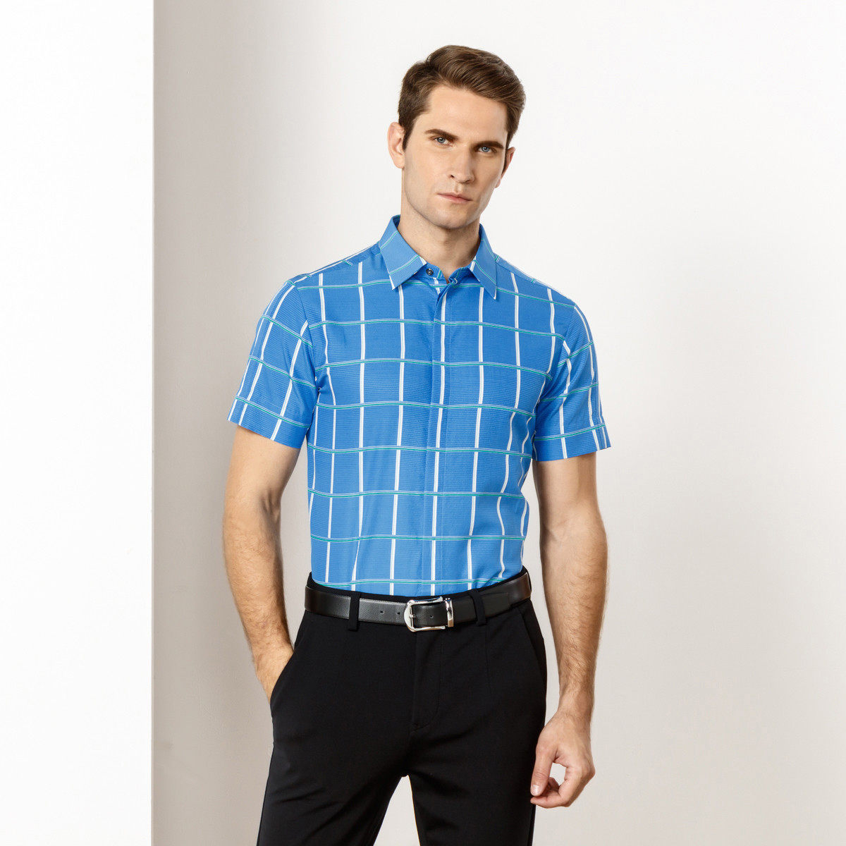 夏季上新路卡迪龙桑蚕丝棉春夏新款商务休闲格子男士短袖休闲衬衫