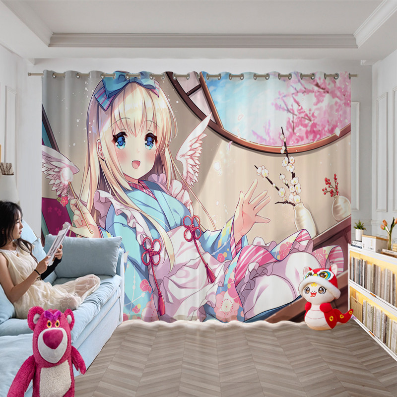 卡通窗帘遮光女孩挂钩式免打孔儿童房粉色轻奢榻榻米卧室图案短帘
