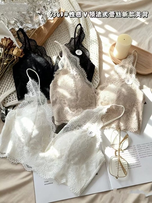 惠芝欣6361性感V领法式蕾丝美背内衣女小胸聚拢无钢圈收副乳文胸