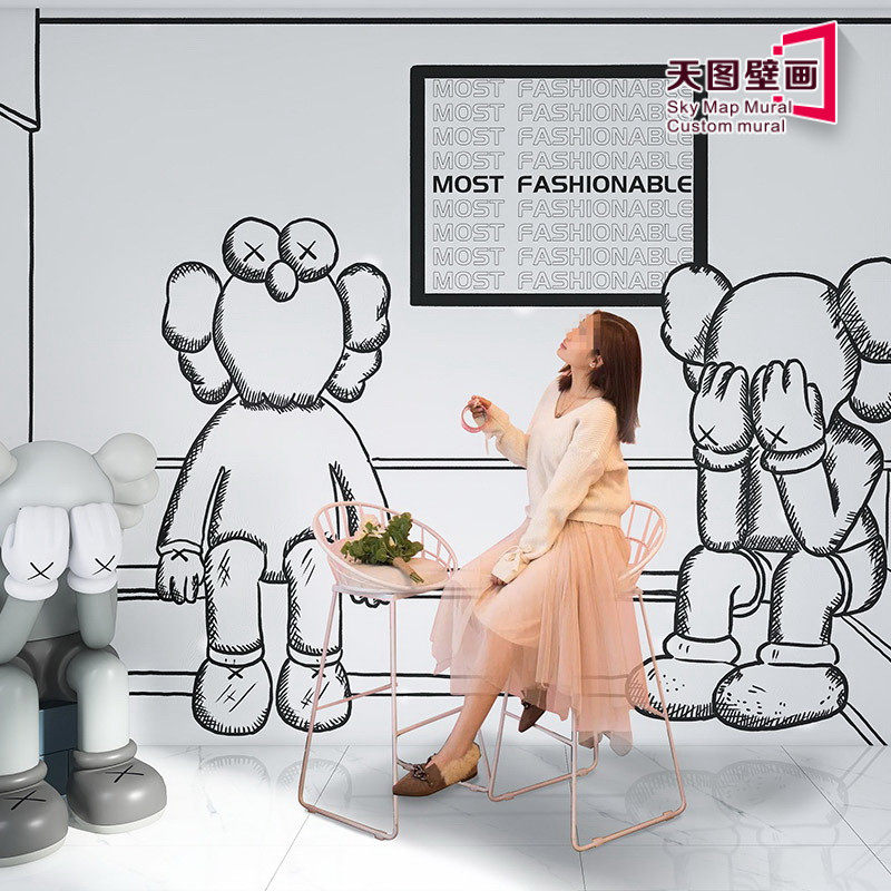 芝麻街 Sesame Street 手绘素描kaws芝麻街墙纸卡通男孩卧室奶茶店拍照背景黑白漫画壁纸 图片价格品牌报价 原仓数据