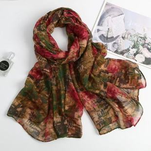 丝巾女春款 围脖 棉麻围巾披肩两用女文艺印花芭厘纱丝巾春秋冬季