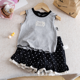 女童夏季韩版新款套装宝宝木耳边无袖背心T恤波点花边短裤两件套