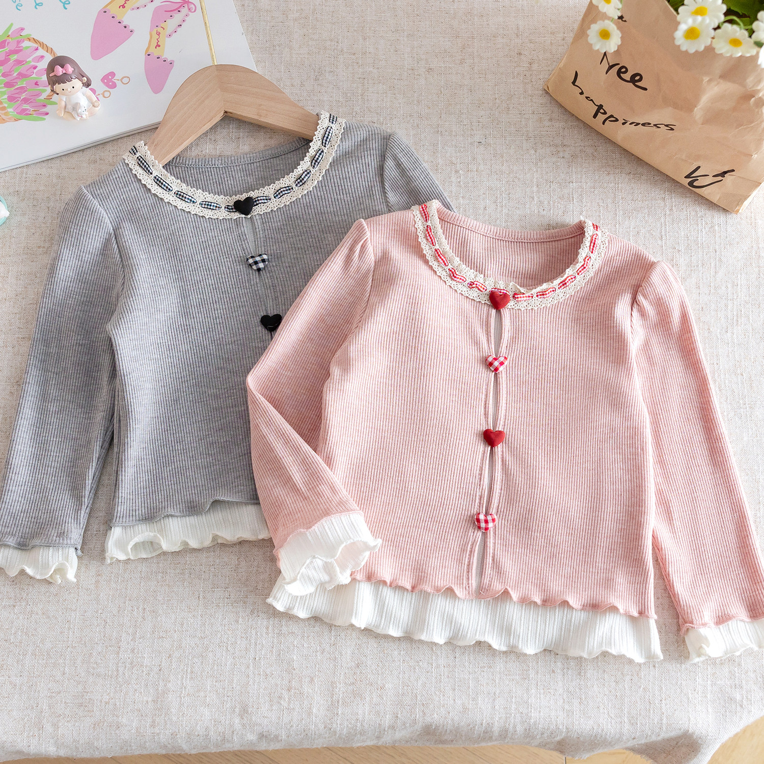 女童春装纯棉薄款假两件长袖T恤图片