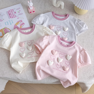 女童立体爱心短袖T恤洋气甜美印花泡泡袖上衣女孩夏季新款打底衫