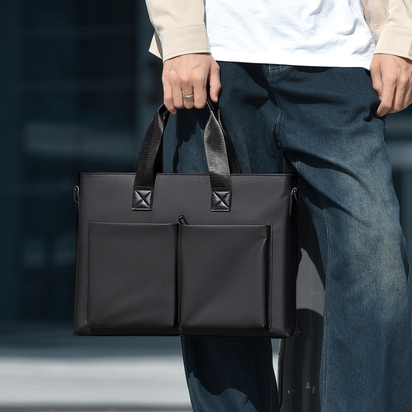 维鲁斯商务风手提包男士横款方形休闲通勤公文包大容量防水潮包邮