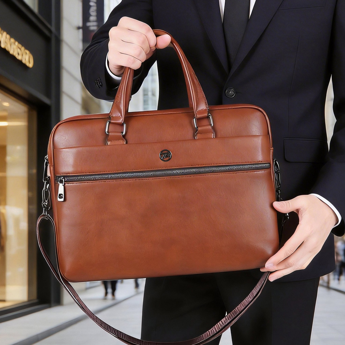 复古男士手提包横款方形商务大容量公文包拉链简约文件包通勤包邮