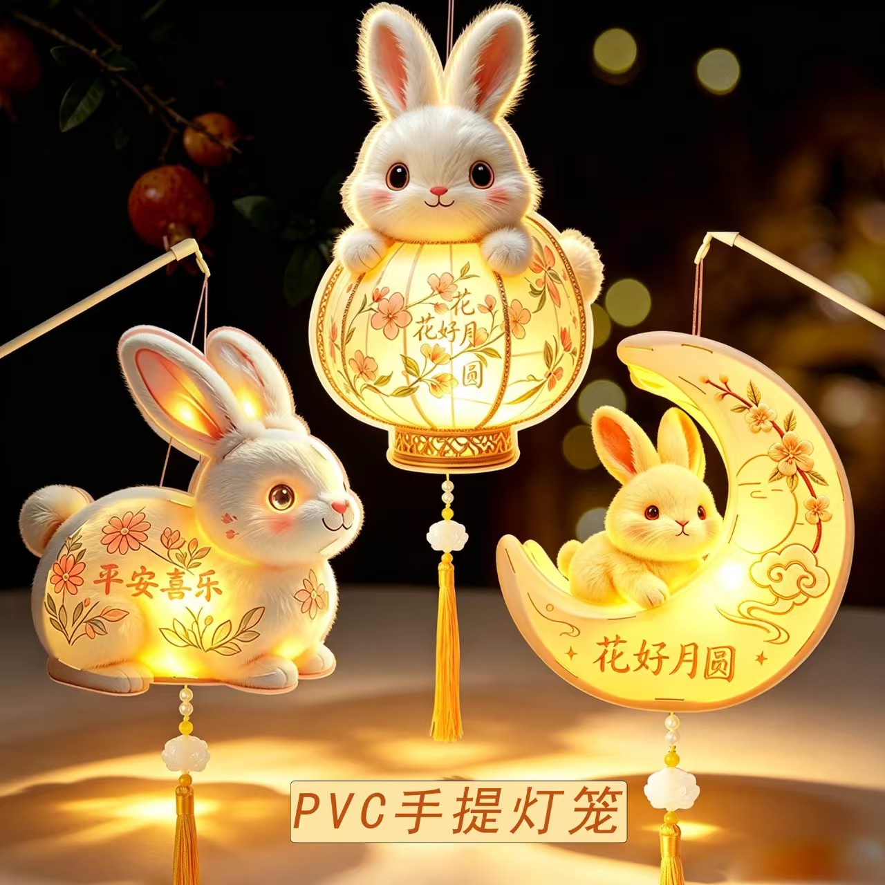 中秋童趣国潮兔子发光PVC灯笼