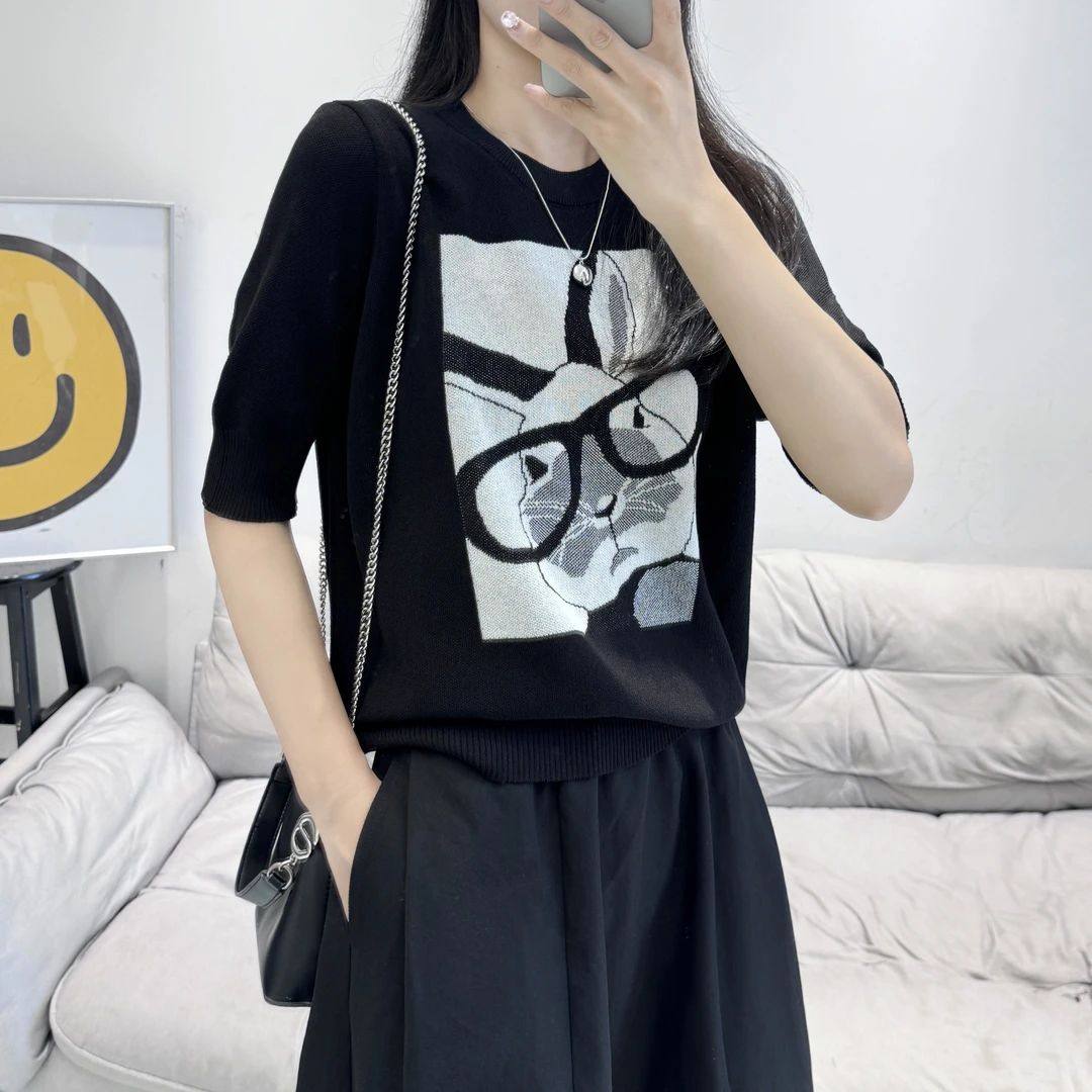 趣味卡通眼镜兔子印花毛针织衫女夏韩版套头宽松时尚显瘦短袖上衣