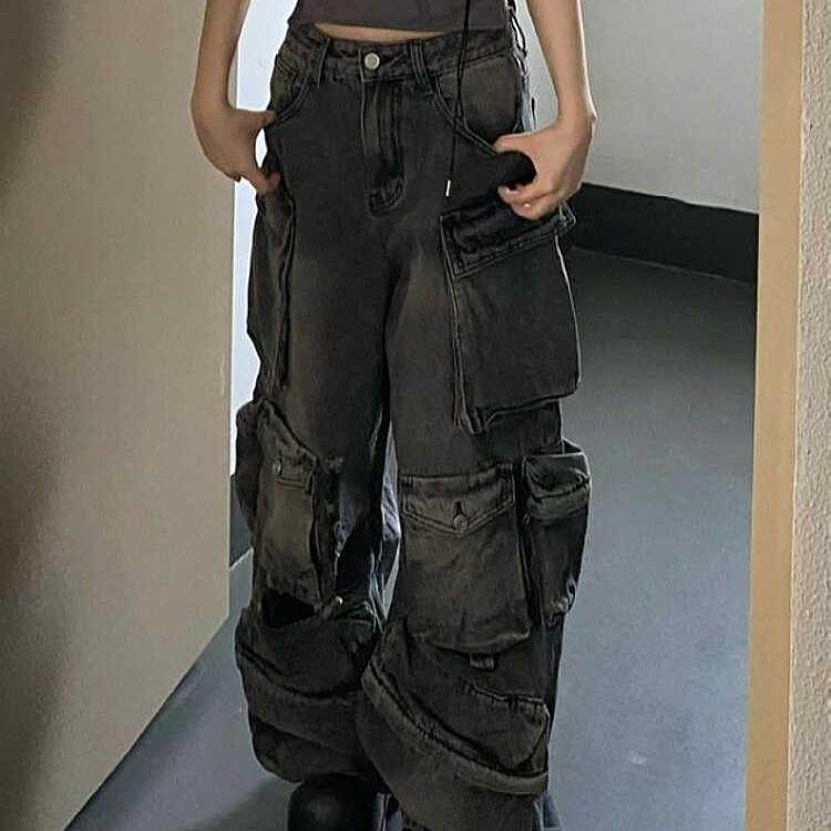 大码美式街头破洞多口袋工装裤潮